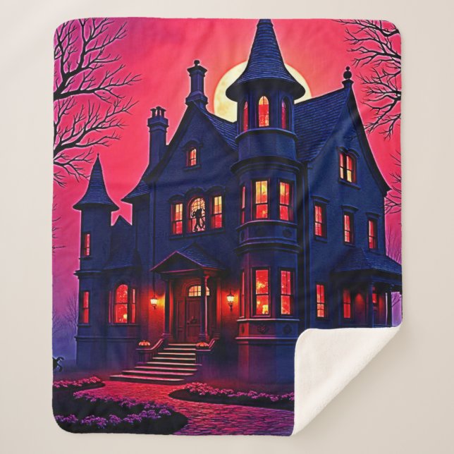 Cobertor Sherpa Spooky Haunted House em Dusk Design (Frente)