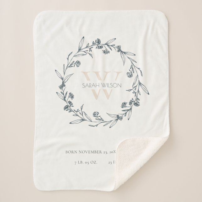 Cobertor Sherpa Stats de Bebê Floral Laurel Wreath Monogramas (Frente)