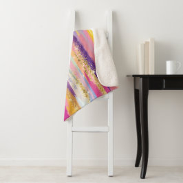 Cobertor Sherpa Strips Coloridas do Arco-íris com Brilho Dourado F