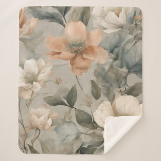 Cobertor Sherpa Suave Floral Impresso em Verde Sage Pálido Laranja