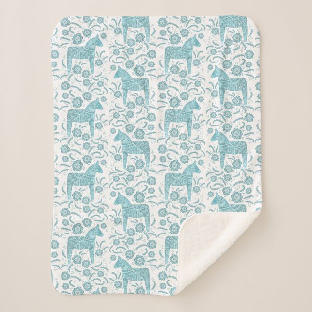 Cobertor Sherpa Sueco Dala Horse Teal e White Sherpa Blanket (Frente)
