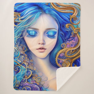Cobertor Sherpa Sunny Azur Ocean Surf Onda Blue Dourada Girl Art