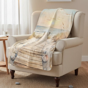 Cobertor Sherpa Sunset Beach Boardwalk Watercolor