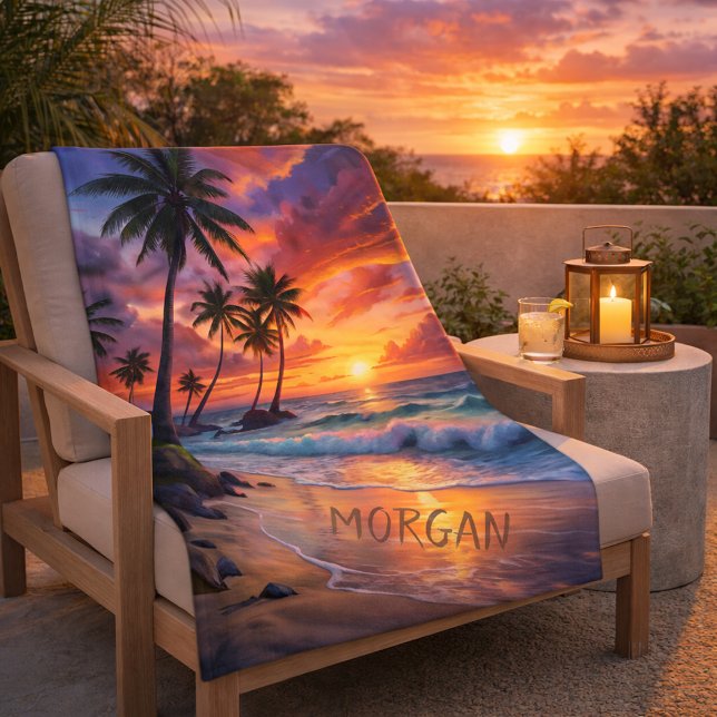 Cobertor Sherpa Sunset de praia tropical personalizado | Arte Cost (Criador carregado)