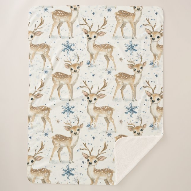 Cobertor Sherpa Sweet Deer Blue Christmas Snowflakes (Frente)