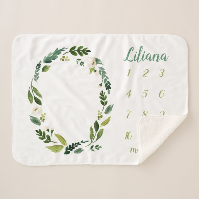 Cobertor Sherpa Sweet Greenery Baby Name Monthly Milestone Foto (Frente (Horizontal))