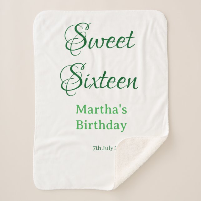 Cobertor Sherpa Sweet Sixteen green name date calligraphy boho ret (Frente)