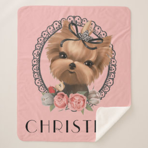 Cobertor Sherpa Sweet Yorkie Puppy Pink Floral Girly