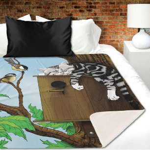 Cobertor Sherpa Tabby Cat Napping Birdhouse