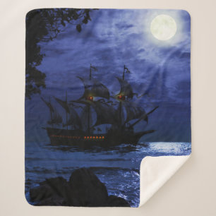 Cobertor Sherpa Tall Pirate Ghost Navio Sea Moon Night Sky Azul