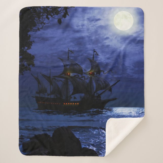 Cobertor Sherpa Tall Pirate Ghost Navio Sea Moon Night Sky Azul (Frente)