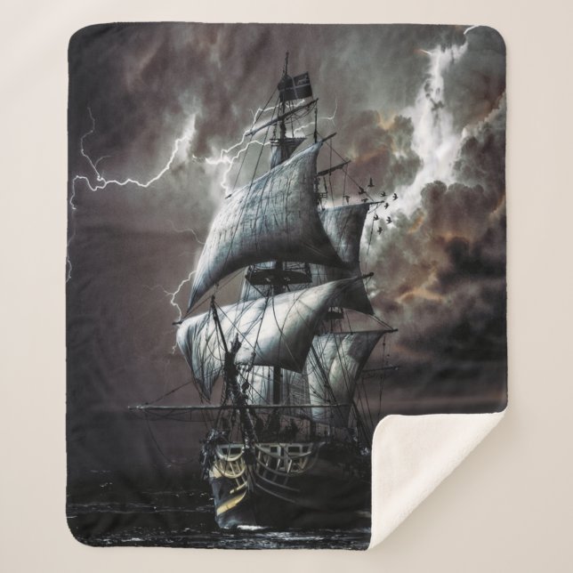 Cobertor Sherpa Tall Pirate Ghost Ship Storm Lightning (Frente)