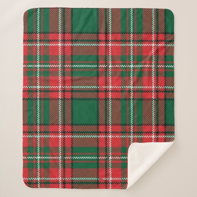 Cobertor Sherpa Tartan tradicional: padrão de xadrez verde-vermelh (Frente)