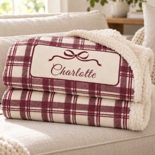 Cobertor Sherpa Tartan Xadrez de Natal com Laço de Creme Borgonha