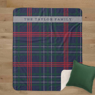 Cobertor Sherpa Tartan Xadrez Vermelho Verde Marinho Nome da Famíl