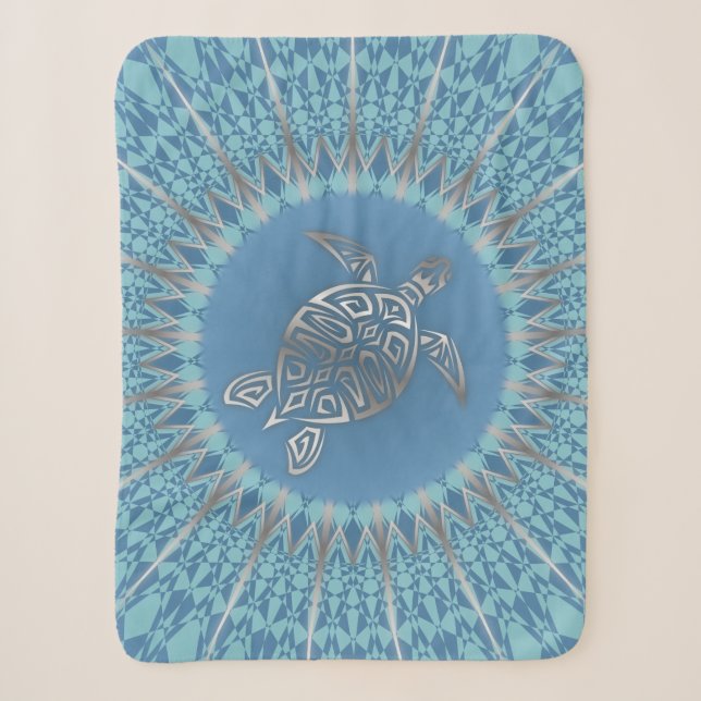 Cobertor Sherpa Tartaruga Marinha Azul Prata e Mandala (Frente)