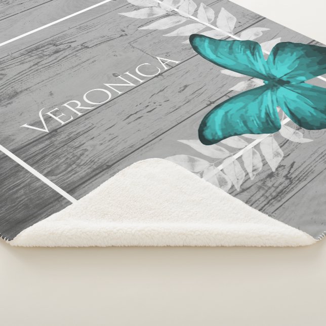 Cobertor Sherpa Teal Butterfly Rustic Personalizada Sherpa Blanket (3/4)