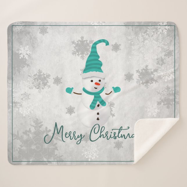Cobertor Sherpa Teal Cute Snowman Holiday Sherpa Blanket (Frente (Horizontal))