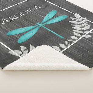 Cobertor Sherpa Teal Dragonfly Rustic Personalizada Sherpa Blanket