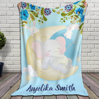 Cobertor Sherpa Teal Elephant Crescent Moon Personalize Name