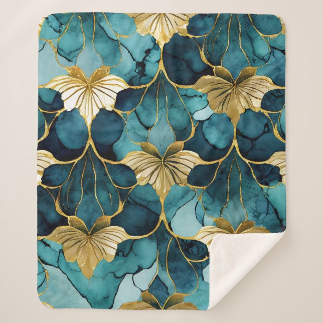 Cobertor Sherpa Teal Floral Japonês Dourado (Frente)