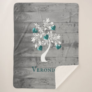 Cobertor Sherpa Teal Tree of Hearts Personalized Sherpa Blanket