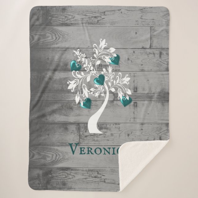 Cobertor Sherpa Teal Tree of Hearts Personalized Sherpa Blanket (Frente)