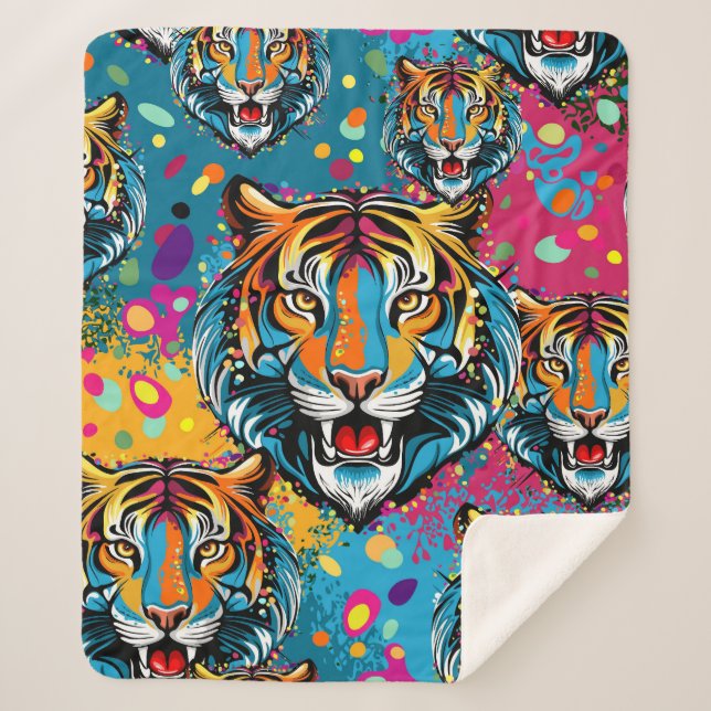 Cobertor Sherpa Tiger Head Rainbow colors paint stains (Frente)
