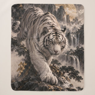 Cobertor Sherpa Tigre Branco com Lua Cheia e Montanhas Nevadas