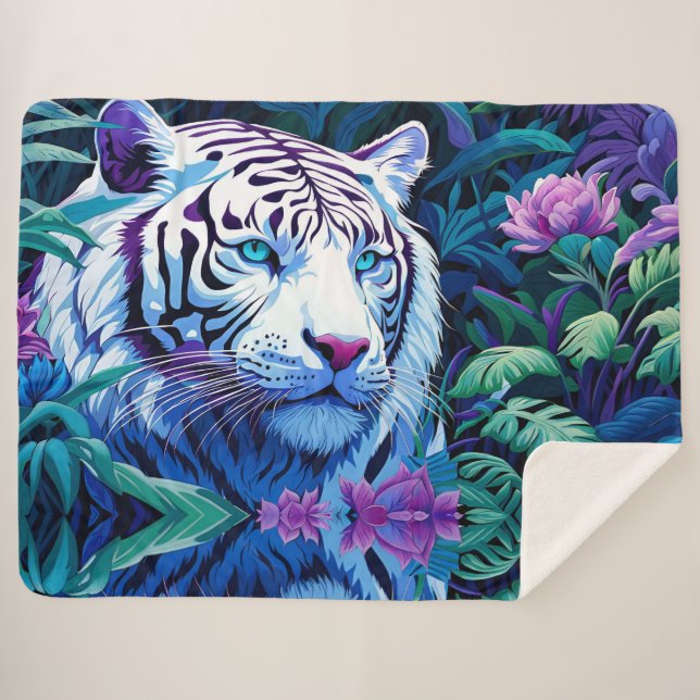 Cobertor Sherpa Tigre branco em flores roxas (Frente (Horizontal))