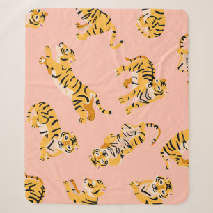 Cobertor Sherpa Tigres de desenho animado, padrão de vinheta rosa.