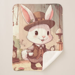 Cobertor Sherpa Timekeeper Whimsical Cute White Rabbit Wonderland