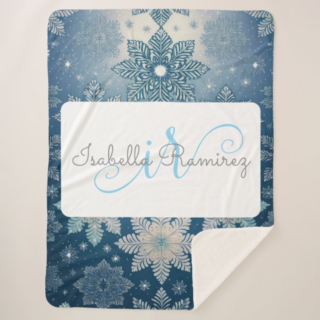 Cobertor Sherpa Tirinia Snowflake Pattern com Monograma e Nome (Frente)
