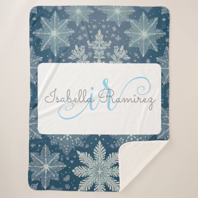 Cobertor Sherpa Tirinia Snowflake Pattern com Monograma e Nome (Frente)