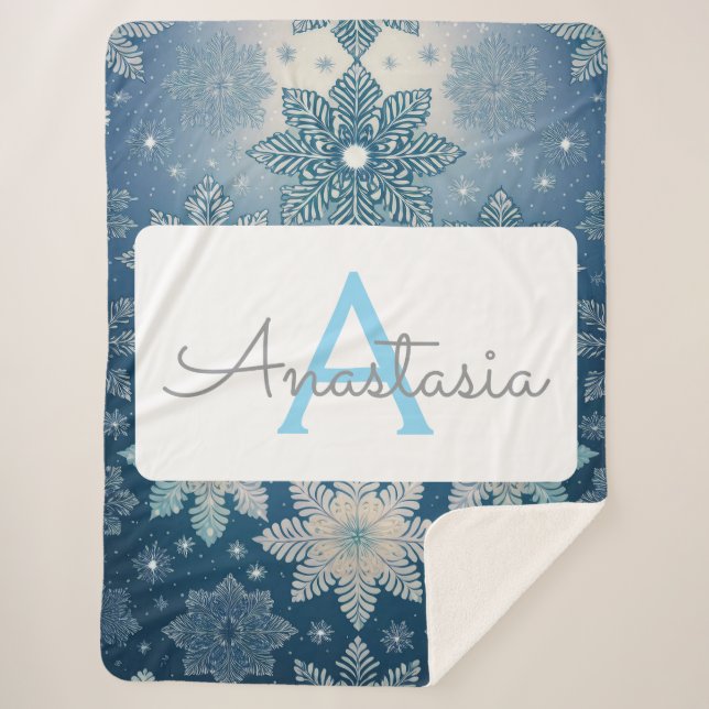 Cobertor Sherpa Tirinia Snowflake Pattern com Monograma e Nome (Frente)