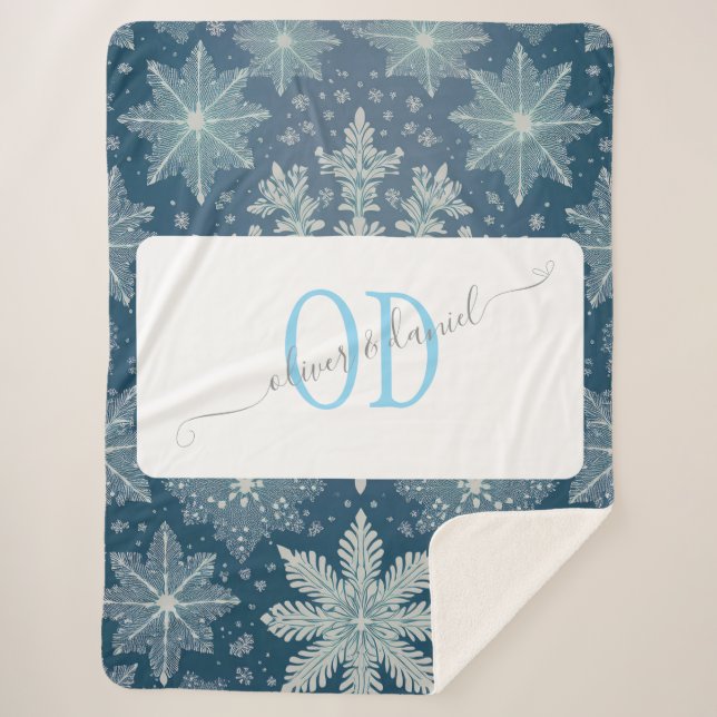 Cobertor Sherpa Tirinia Snowflake Pattern com Nomes e Monograma (Frente)