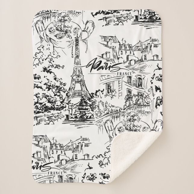Cobertor Sherpa Toile Paris Eiffel, preto e branco (Frente)