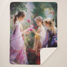 Três garotas brincando num jardim