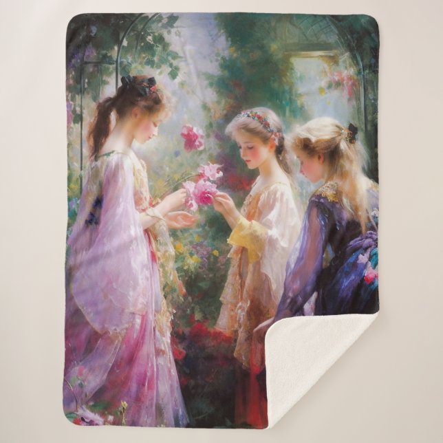 Cobertor Sherpa Três garotas brincando num jardim (Frente)