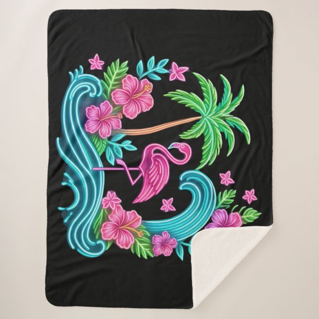 Cobertor Sherpa Tropical Neon Flamingo (Frente)