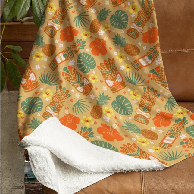Cobertor Sherpa Tropical Tiki Havaiana Dourada (Tropical fleece blanket)