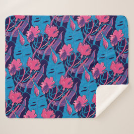 Cobertor Sherpa Tropical Wild Flowers Blue Pink Modern Exotic