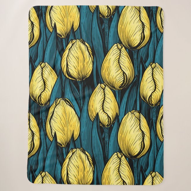 Cobertor Sherpa Tulipas amarelas com folhas azuis (Frente)