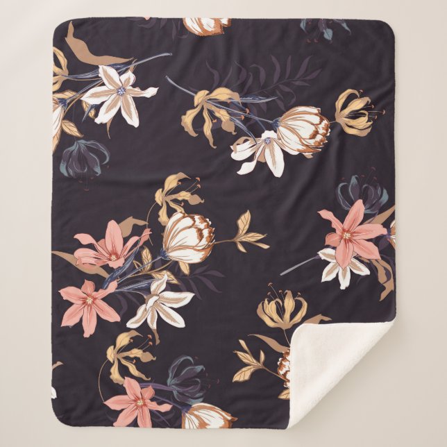 Cobertor Sherpa Tulipas de safra, fundo roxo escuro (Frente)