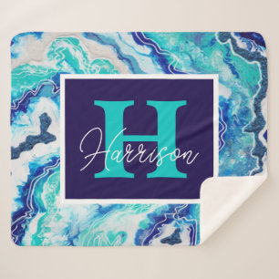 Cobertor Sherpa Turquesa e Monograma Azul Marble Nome Beachê