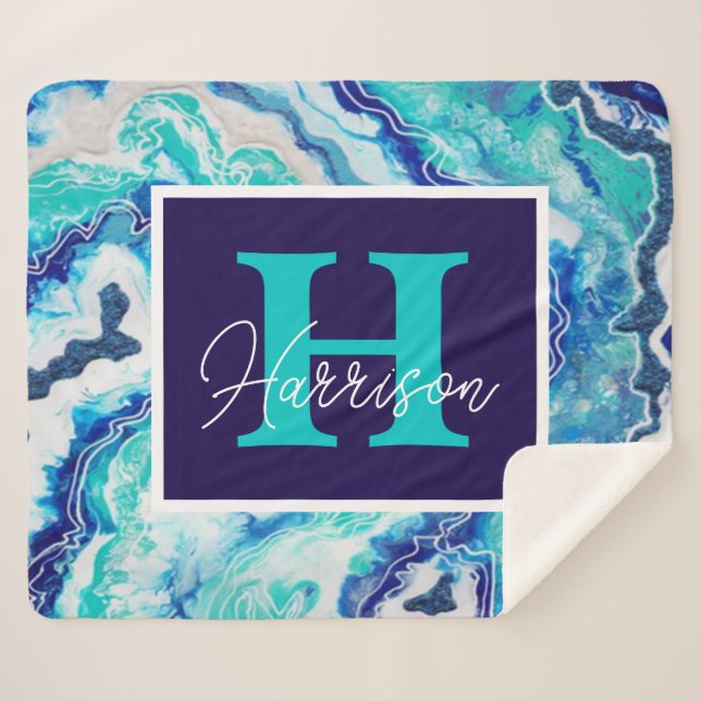 Cobertor Sherpa Turquesa e Monograma Azul Marble Nome Beachê (Frente (Horizontal))
