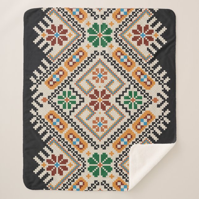 Cobertor Sherpa Ucraniano Cross-Stitch: Padrão Étnico Feito À Mão. (Frente)