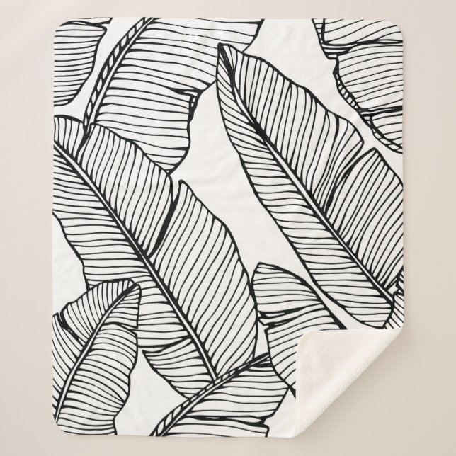Cobertor Sherpa Um padrão de folha de bananeira sem costura. Preto (Frente)