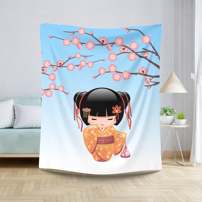 Cobertor Sherpa Ume Kokeshi Doll - Japonesa Geisha Girl Blue (Criador carregado)