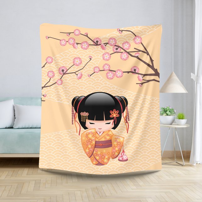 Cobertor Sherpa Ume Kokeshi Doll - Rapariga Peach Geisha Japonesa (Criador carregado)